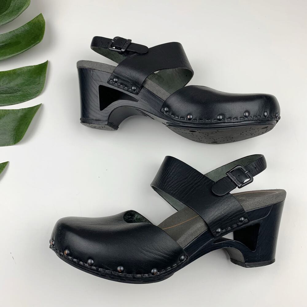 Dansko Black Leather Clog Sandals with Ankle Strap - Picture 7 of 11